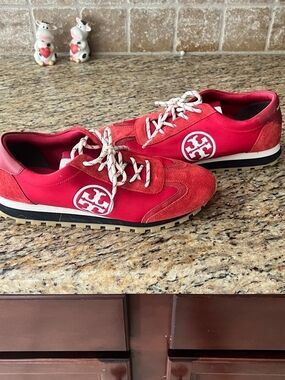 Tory Burch Red Suede & Nylon Logo Sneakers.